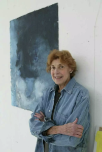 Helen Frankenthaler with her work, "Blue Lady"